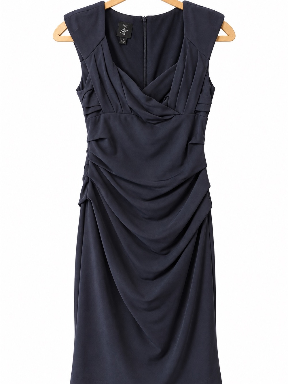 Maggy London Navy Draped Sheath Midi Dress